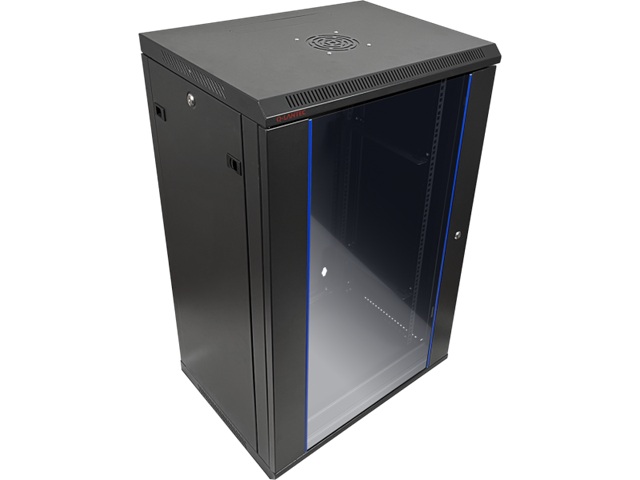 Szafka rack wisząca 19" 15U 600x450, niedzielona, drzwi szklane jednoskrzydłowe, tył osłona pełna, osłony boczne zamykane na klucz, kolor czarny FLAT PACK, Q-LANTEC  SW-15U-600-450-N-DSJ-OP-RP-F-C-1