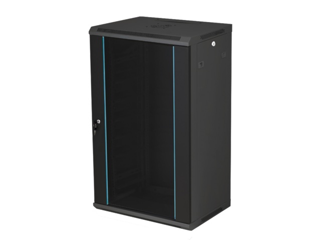 Szafka rack wisząca 19" 15U 600x450, niedzielona, drzwi szklane jednoskrzydłowe, tył osłona pełna, osłony boczne zamykane na klucz, kolor czarny FLAT PACK, Q-LANTEC  SW-15U-600-450-N-DSJ-OP-RP-F-C-1