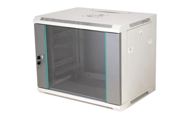 Szafka rack wisząca 19" 9U 600x450, niedzielona, drzwi szklane jednoskrzydłowe, tył osłona pełna, osłony boczne zamykane na klucz, kolor szary, SW-9U-600-450-N-DSJ-OP-RP-B-S