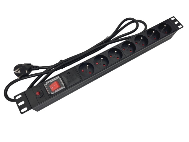 Listwa zasilająca 19" 230V - 7 gniazd (typu E - CEE 7/5), z wyłącznikiem LED, z zabezpieczeniem przeciwprzeciążeniowym oraz przeciwprzepięciowym, kabel 1,8m CEE 7/7 PZ021